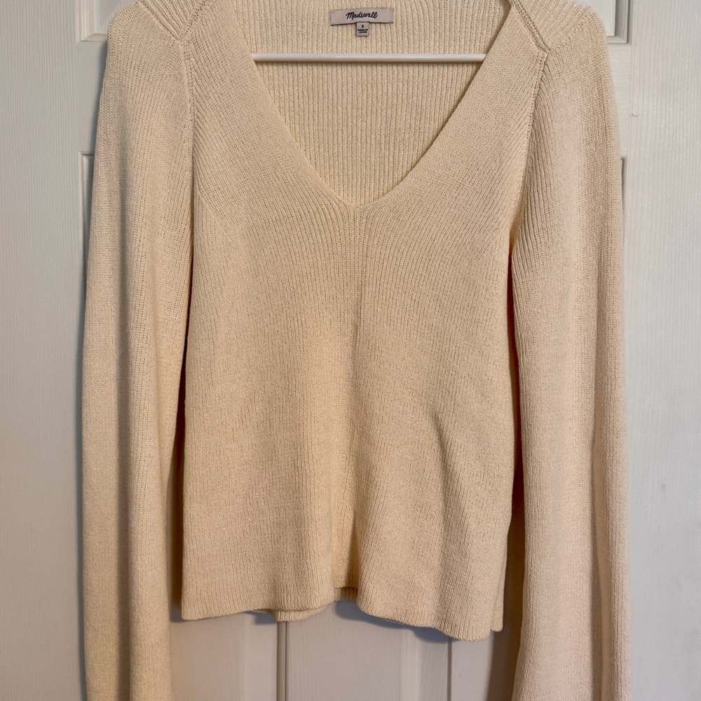 Madewell Cream V-Neck Sweater with flare sleeve